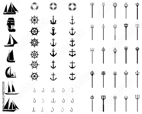 Icons of nautical, anchores, rudders, lifebelt, sailboats on a white background	