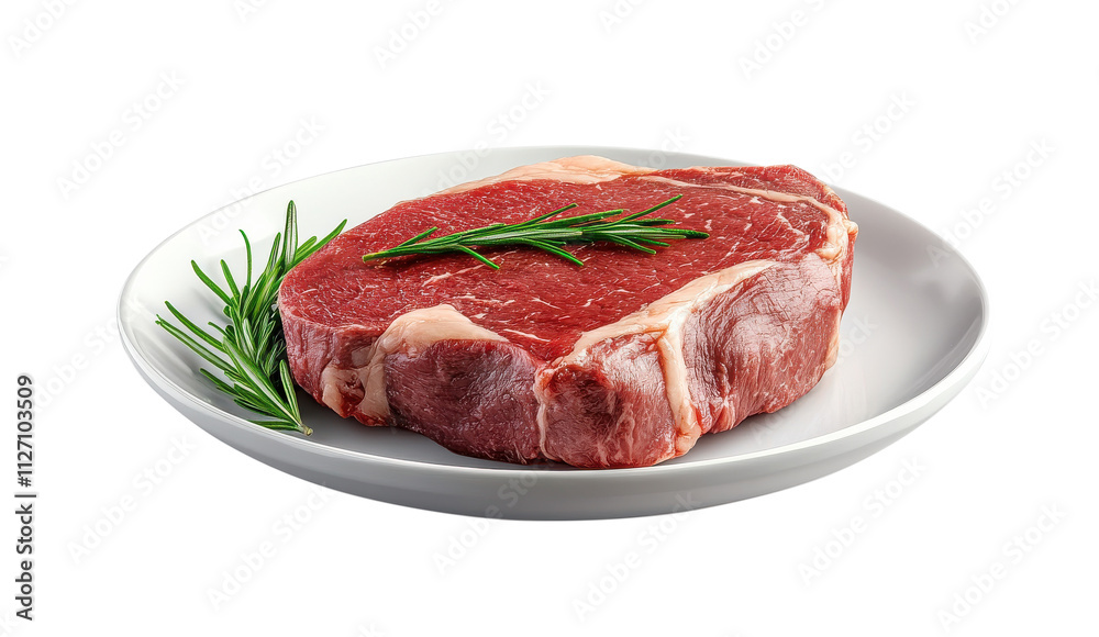 Raw Ribeye Steak on a Plate with Fresh Rosemary Sprigs Raw Ribeye Steak on a Plate with Fresh Rosemary Sprigs