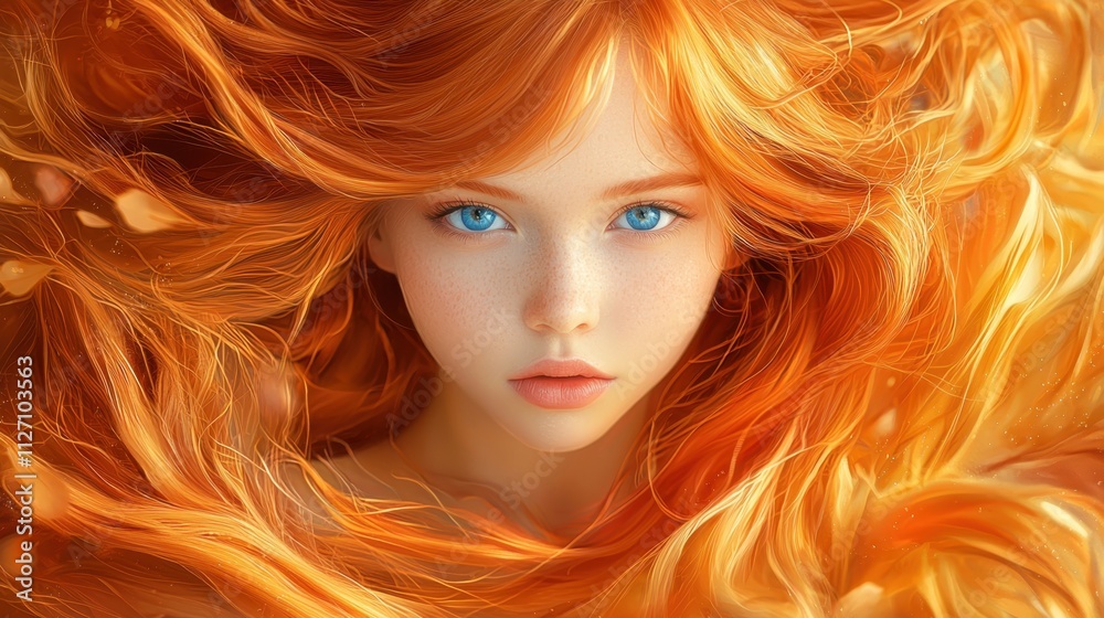 A portrait of a young woman with striking blue eyes and flowing red hair, created using a digital illustration technique that enhances her features with rich, vibrant colors and intricate details. A portrait of a young woman with striking blue eyes and flowing red hair, created using a digital illustration technique that enhances her features with rich, vibrant colors and intricate details.