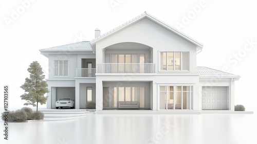 3D render of house on white background, modern design elements, clean lines