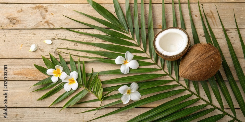 Tropical Paradise A Composition of Coconut, Palm Leaves, and Fragrant Flowers on a Wooden Surface