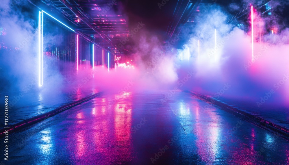 Neon Lights Foggy Night Street Cyberpunk Cityscape Wet Asphalt Neon Lights Foggy Night Street Cyberpunk Cityscape Wet Asphalt