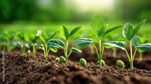 A lush field of crops stretches towards the horizon, with rows of vibrant green plants sprouting from seeds and growing into healthy seedlings