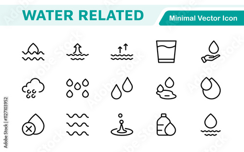 Water Related Icon Set. A refreshing collection of icons showcasing water conservation, aquatic life, and hydration, perfect for water awareness and sustainability.