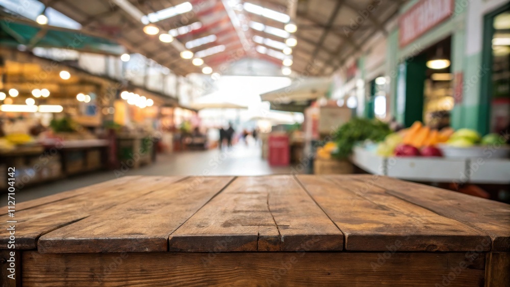 A rustic wooden table top with a blurred background of a bustling indoor market, showcasing fresh produce and lively activity. A rustic wooden table top with a blurred background of a bustling indoor market, showcasing fresh produce and lively activity.
