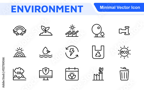 Environment Icon Set. A vibrant collection of icons promoting sustainability and eco-friendliness, environmental awareness and conservation efforts.