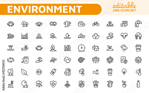 Environment Icon Set. A vibrant collection of icons promoting sustainability and eco-friendliness, environmental awareness and conservation efforts.