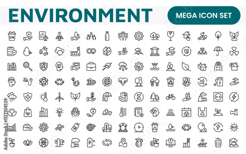 Environment Icon Set. A vibrant collection of icons promoting sustainability and eco-friendliness, environmental awareness and conservation efforts.