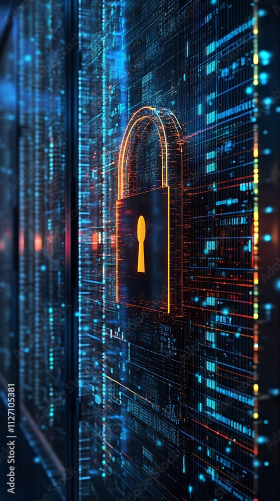 Obraz premium A digital padlock symbolizes cybersecurity within a network of data streams.