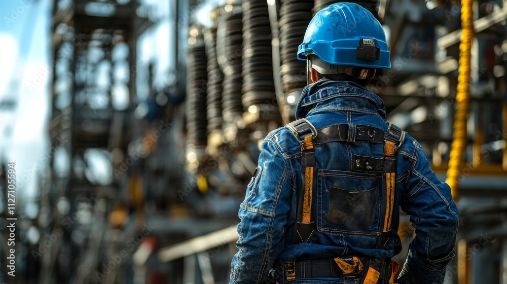 Back View of Chinese Worker in Safety Gear at Industrial Site