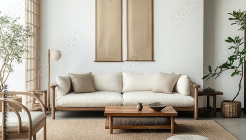 Modern Minimalist Living Room Design Beige Sofa Wooden Coffee Table Plants