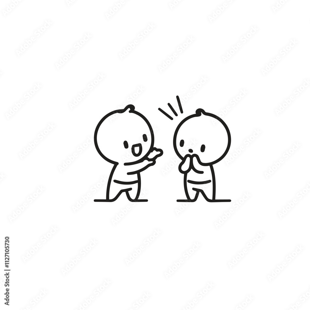 Minimalist cartoon characters share a moment of surprise and excitement. This black and white illustration conveys emotions through simple lines and figures, making it perfect for creative and playful Minimalist cartoon characters share a moment of surprise and excitement. This black and white illustration conveys emotions through simple lines and figures, making it perfect for creative and playful