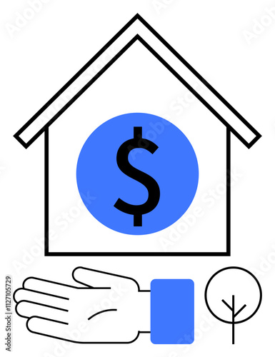 House with dollar sign, outstretched hand, tree focusing on real estate, finance, investment, sustainability, environmental care, charity housing. Ideal for financial growth property ownership