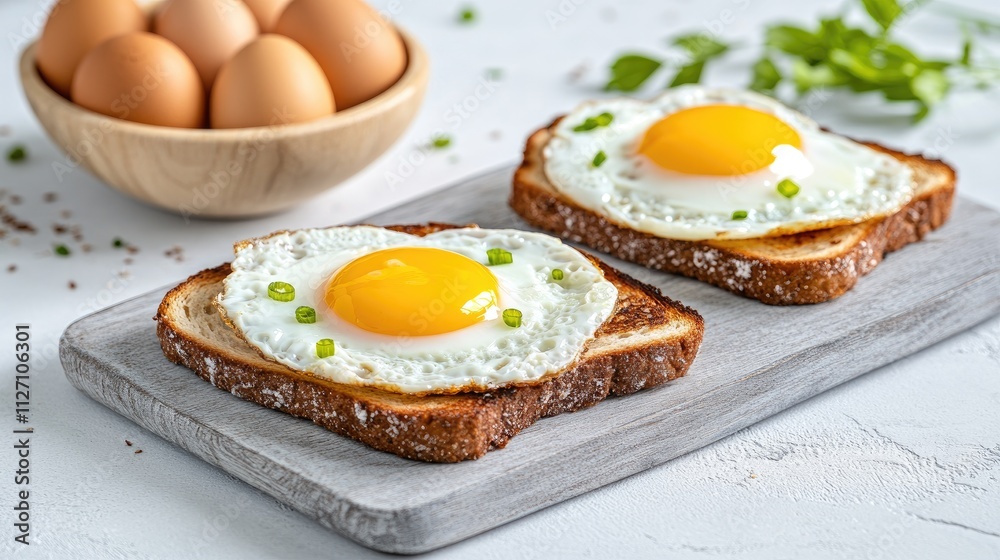 Two slices of toasted bread topped with sunny side up eggs and chopped green onions are served on a neutral plate, with a bowl of eggs visible in the background Two slices of toasted bread topped with sunny side up eggs and chopped green onions are served on a neutral plate, with a bowl of eggs visible in the background