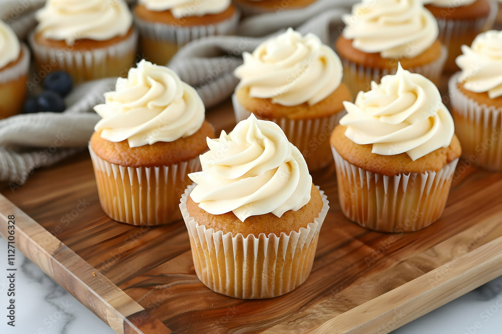 Delicious vanilla cupcakes with creamy frosting arranged on a wooden tray. Delicious vanilla cupcakes with creamy frosting arranged on a wooden tray.