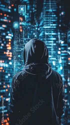 A figure in a hoodie stands against a backdrop of illuminated city buildings at night.