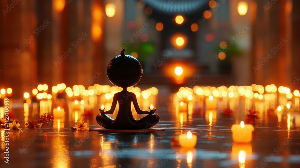 Dynamic Meditation Pose of a Minimalist Character in a Serene Candlelit Environment Dynamic Meditation Pose of a Minimalist Character in a Serene Candlelit Environment