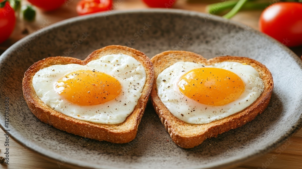 Heart-shaped sunny side up eggs on toast with fresh tomatoes and herb garnish Heart-shaped sunny side up eggs on toast with fresh tomatoes and herb garnish