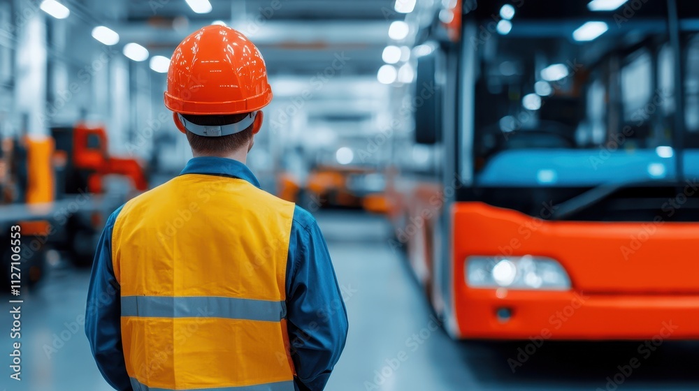 A construction worker in a safety vest and helmet observes a bus inside a modern workshop. A construction worker in a safety vest and helmet observes a bus inside a modern workshop.