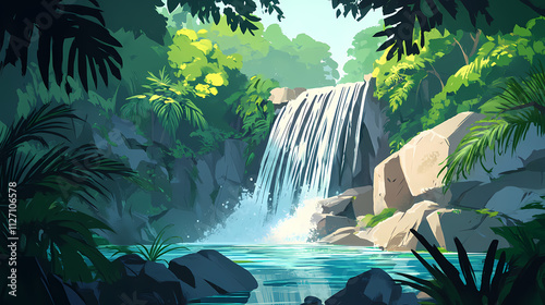 A serene waterfall cascades into a crystal-clear pool surrounded by lush greenery. Cascade. Illustration