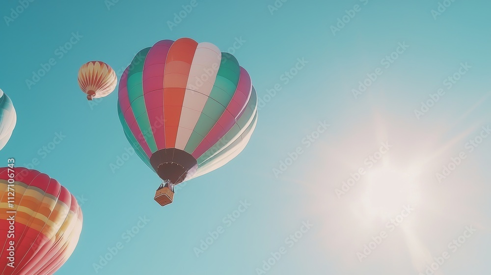 Fototapeta premium Colorful Hot Air Balloons in a Blue Sky with Glowing Sunlight