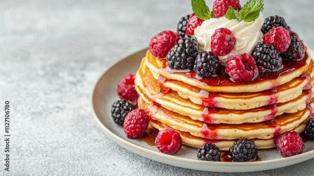 A delicious stack of pancakes topped with fresh raspberries, blackberries, and a dollop of cream, drizzled with syrup. A delicious stack of pancakes topped with fresh raspberries, blackberries, and a dollop of cream, drizzled with syrup.