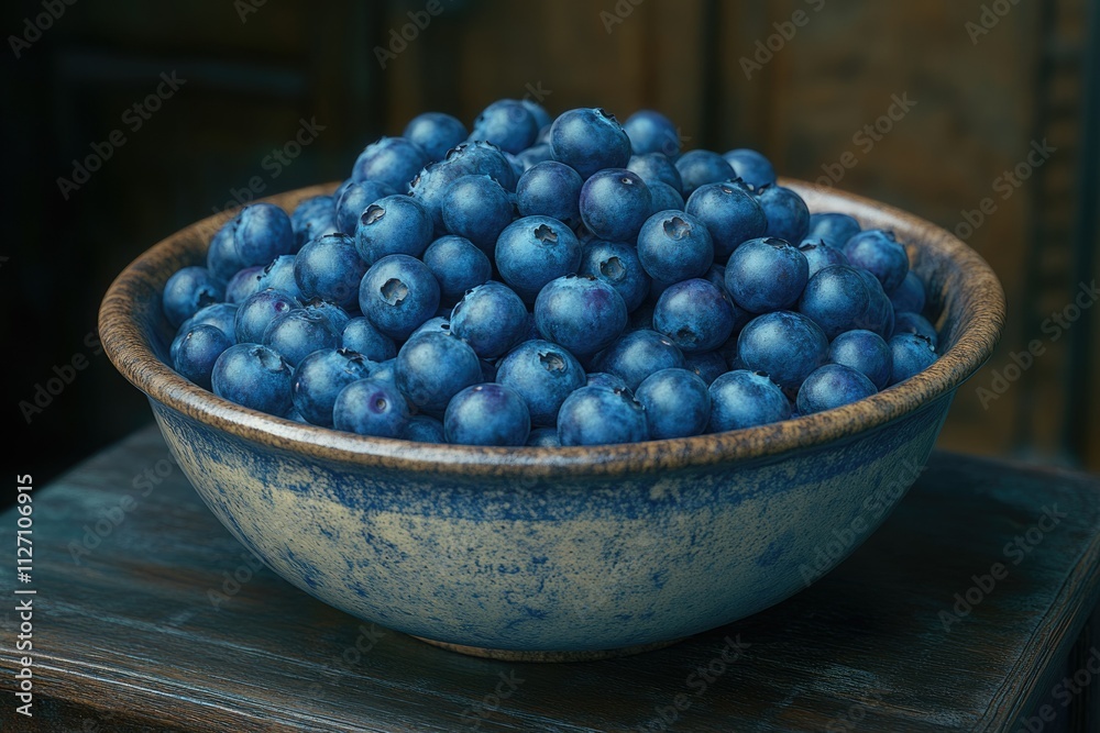 A rustic bowl overflowing with plump, juicy blueberries, a delightful summer treat. A rustic bowl overflowing with plump, juicy blueberries, a delightful summer treat.