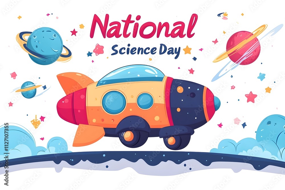 Naklejka premium Explore the wonders of space with a detailed illustration of a rocket and celestial bodies, perfect for science and education. illustration, science, design, mosque, travel, child, star, sky, 