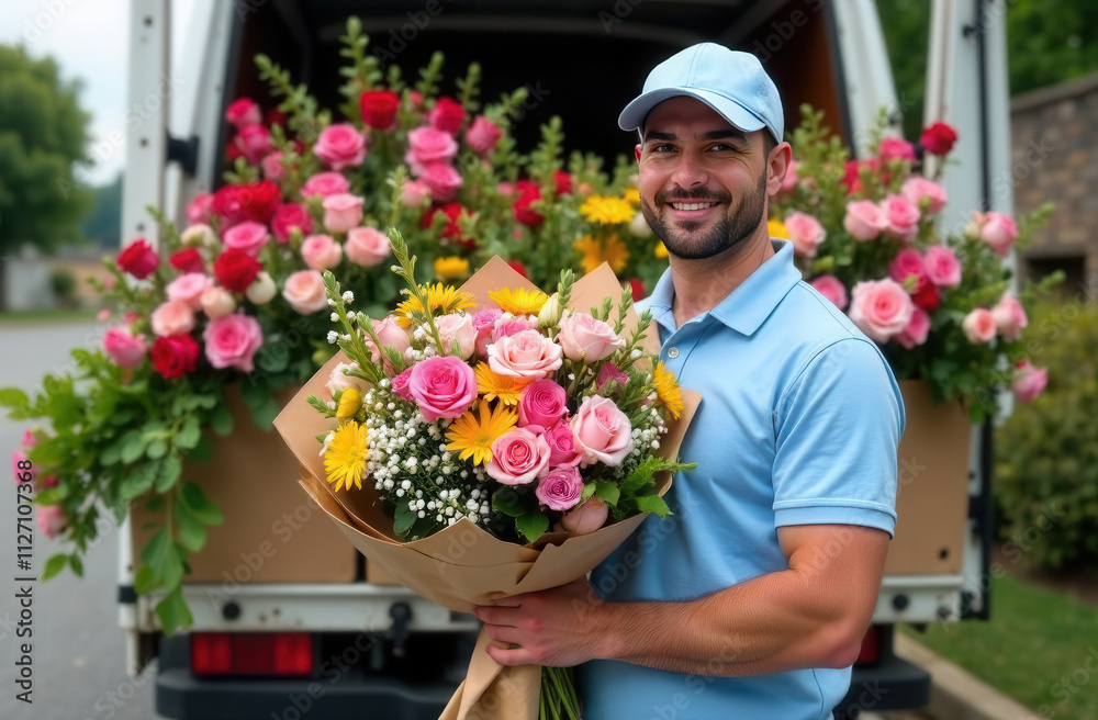 Delivery of a bouquet of flowers. A smiling courier in a blue uniform and cap delivers flowers to the door. Flower delivery service. A man courier with flowers near the house rings the doorbell. Delivery of a bouquet of flowers. A smiling courier in a blue uniform and cap delivers flowers to the door. Flower delivery service. A man courier with flowers near the house rings the doorbell.