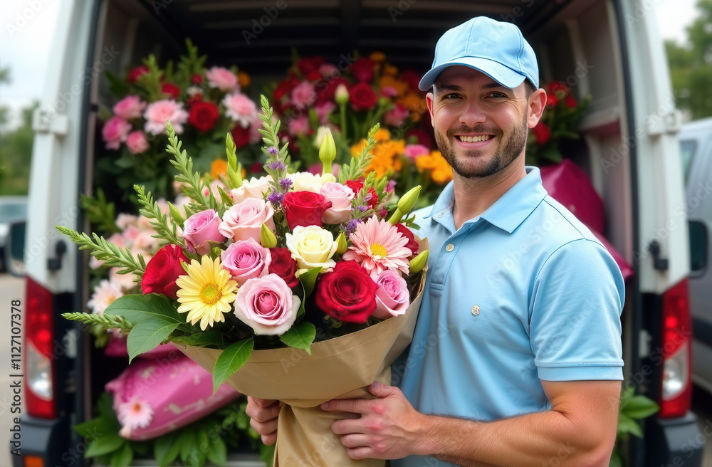 Delivery of a bouquet of flowers. A smiling courier in a blue uniform and cap delivers flowers to the door. Flower delivery service. A man courier with flowers near the house rings the doorbell. Delivery of a bouquet of flowers. A smiling courier in a blue uniform and cap delivers flowers to the door. Flower delivery service. A man courier with flowers near the house rings the doorbell.