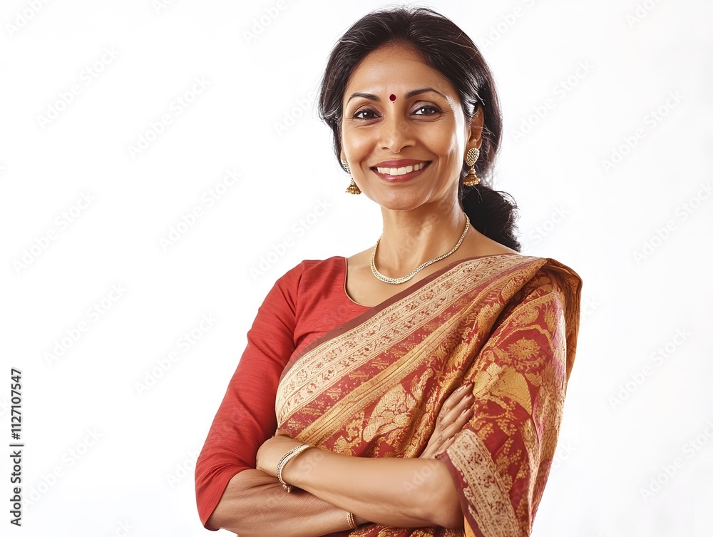 Indian woman in a saree smiling with crossed arms Indian woman in a saree smiling with crossed arms