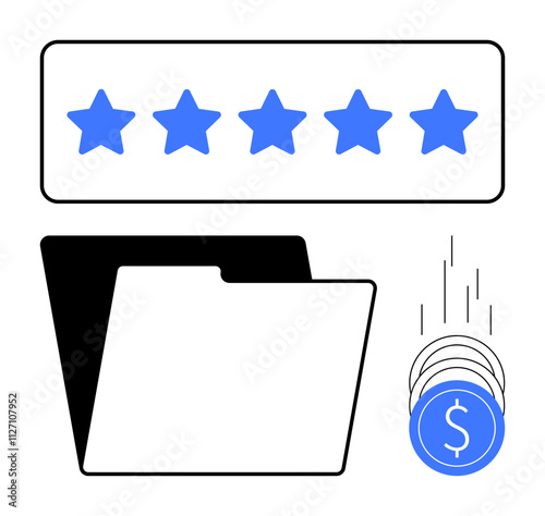 Transparent folder icon alongside a row of five blue stars and falling coins emphasizing excellence and finance. Ideal for business quality, service rating, finance, data management, investment