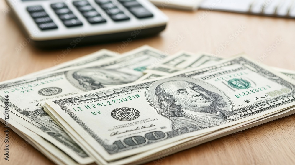 A stack of U.S. hundred-dollar bills on a wooden surface, accompanied by a calculator, symbolizing finance and budgeting. A stack of U.S. hundred-dollar bills on a wooden surface, accompanied by a calculator, symbolizing finance and budgeting.