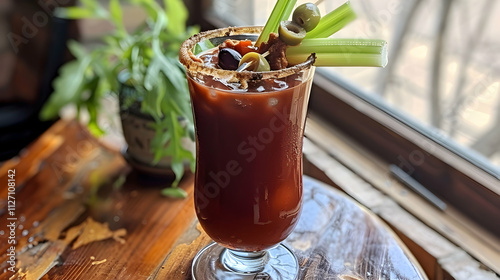 Fototapeta Naklejka Na Ścianę i Meble -  A Bloody Mary cocktail garnished with celery, olives, and a spice rim, sits on a wooden table near a window.