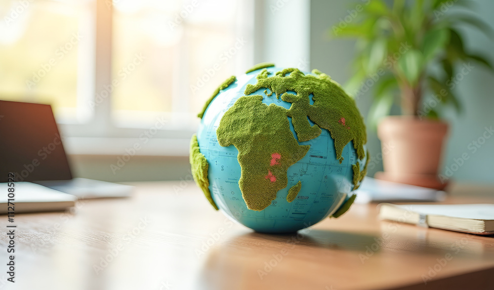 the Earth model with forests and seas on the office desk , the concept of environmental protection and peace the Earth model with forests and seas on the office desk , the concept of environmental protection and peace
