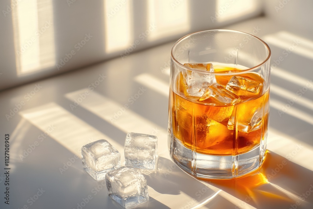 A glass of amber liquid, possibly whiskey or bourbon, with ice cubes, sits on a bright surface bathed in sunlight. A glass of amber liquid, possibly whiskey or bourbon, with ice cubes, sits on a bright surface bathed in sunlight.