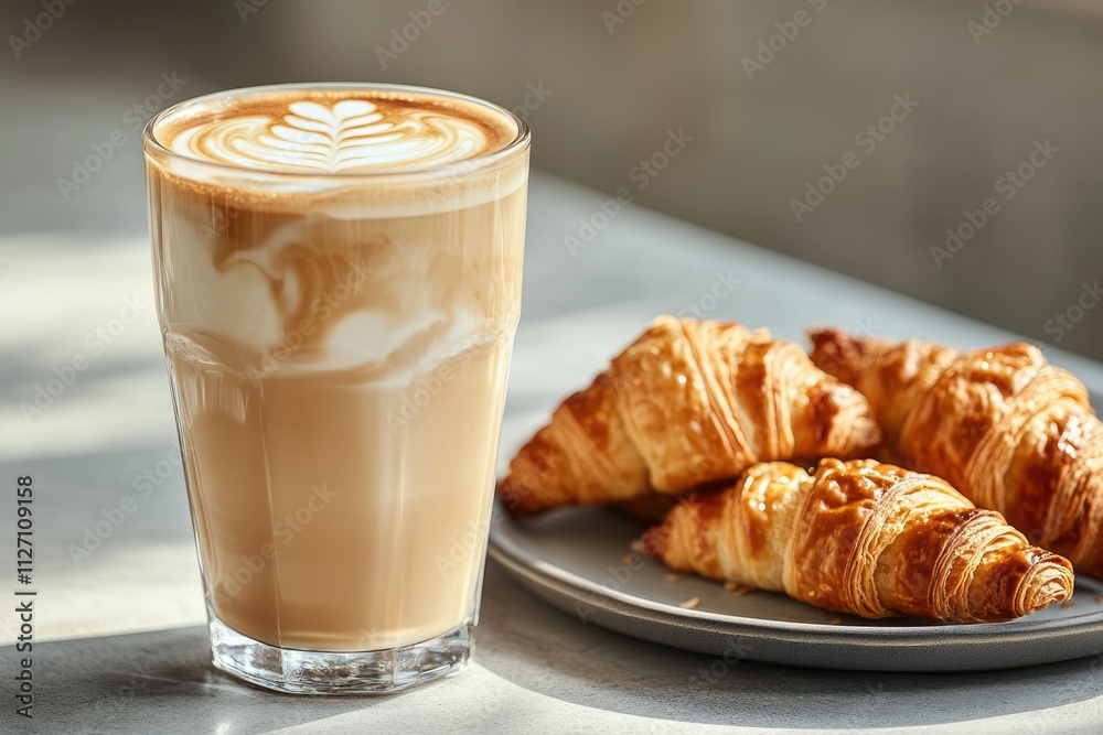 A latte with latte art and freshly baked croissants, perfect for a morning treat. A latte with latte art and freshly baked croissants, perfect for a morning treat.