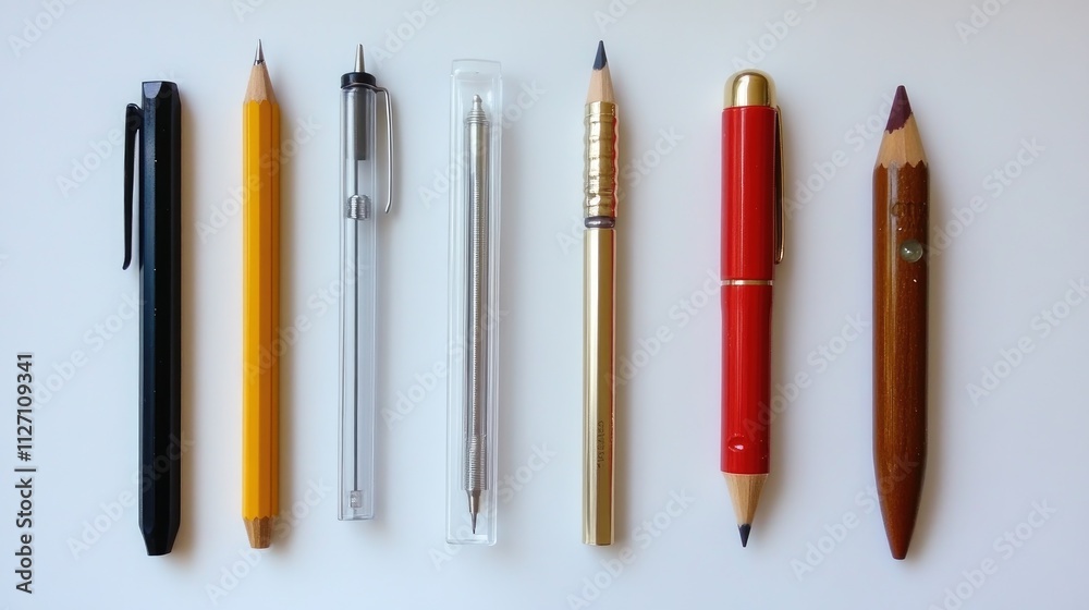 Variety of Writing Instruments Displayed on Clean White Background Variety of Writing Instruments Displayed on Clean White Background