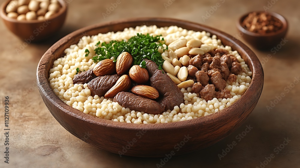 Delicious Couscous Bowl Topped With Meat Almonds And Parsley Delicious Couscous Bowl Topped With Meat Almonds And Parsley