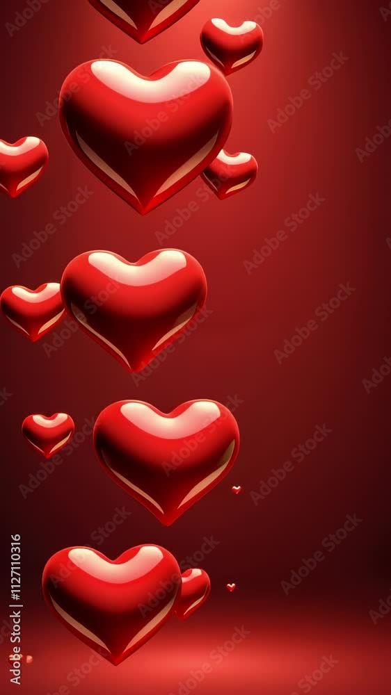 Glossy red hearts floating on a deep red background. Sale banners where the Hearts are on Valentine's Day.