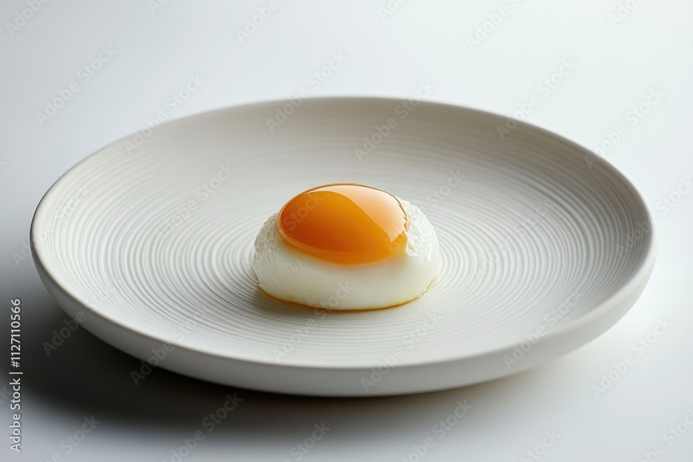 A single poached egg with a vibrant yolk sits on a minimalist white plate. A single poached egg with a vibrant yolk sits on a minimalist white plate.