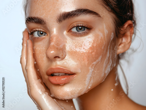 Close-up of a Woman's Face with Cleansing Foam.