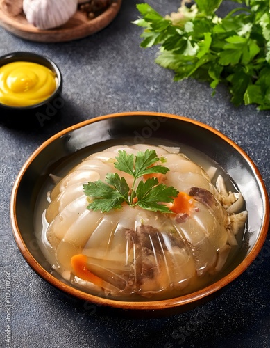 A serving of traditional Russian aspic 'kholodets' with tender jellied meat, garlic, and herbs, served with a side of spicy mustard