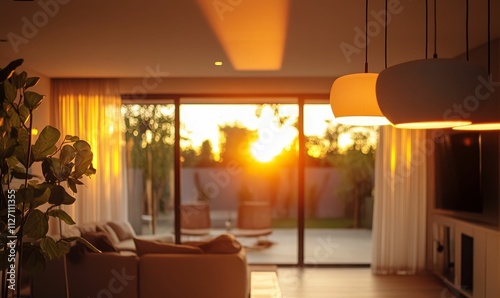 Sunset illuminates modern living room  pendant lights glow.