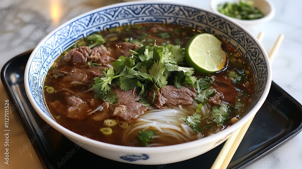 A vibrant pho bowl made with halal beef, set on a traditional Vietnamese tray with chopsticks A vibrant pho bowl made with halal beef, set on a traditional Vietnamese tray with chopsticks