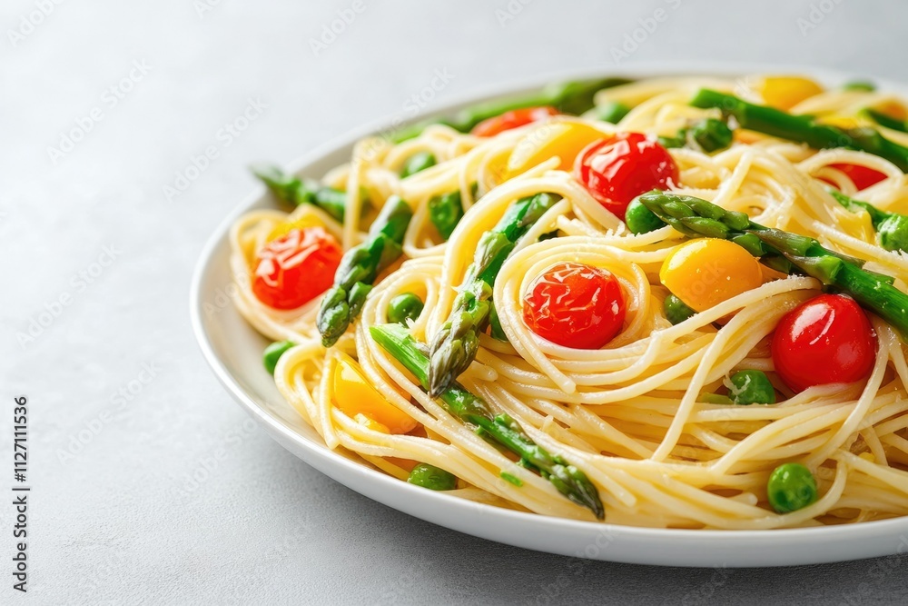 Spaghetti with asparagus, cherry tomatoes, and peas. A delicious and healthy pasta dish. Spaghetti with asparagus, cherry tomatoes, and peas. A delicious and healthy pasta dish.