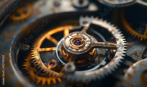 A detailed macro shot of the inner workings of a rusty vintage watch photo