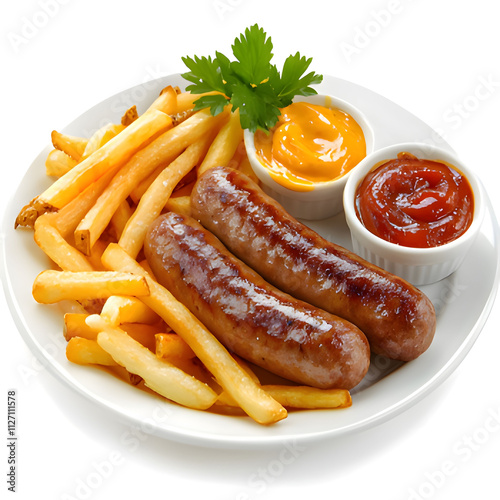 a plate of french fries, ketchup, and ketchup are on a white plate. Generative AI