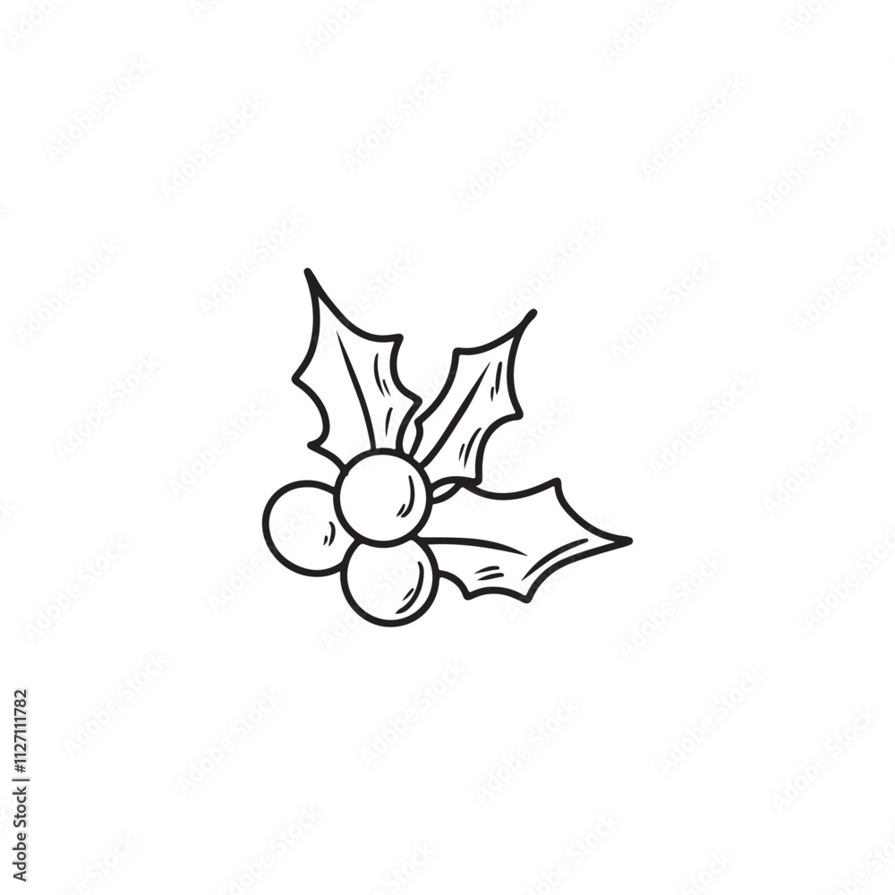 Φωτογραφία Holly berry Christmas plant in black isolated on white background, Hand drawn vector sketch illustration in doodle engraved vintage line art style