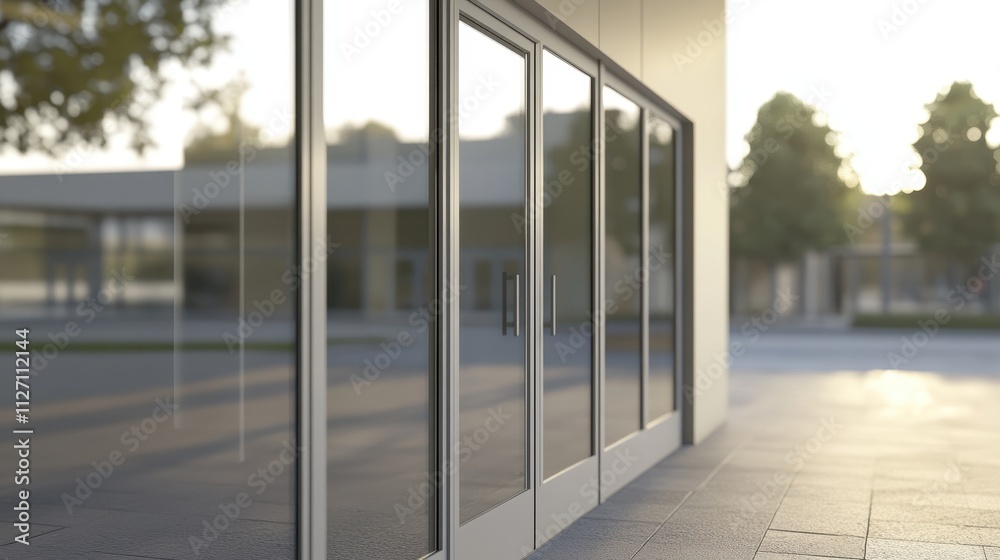 Fototapeta premium Tranquil Reflection: A Modern Building's Glass Facade at Sunset
